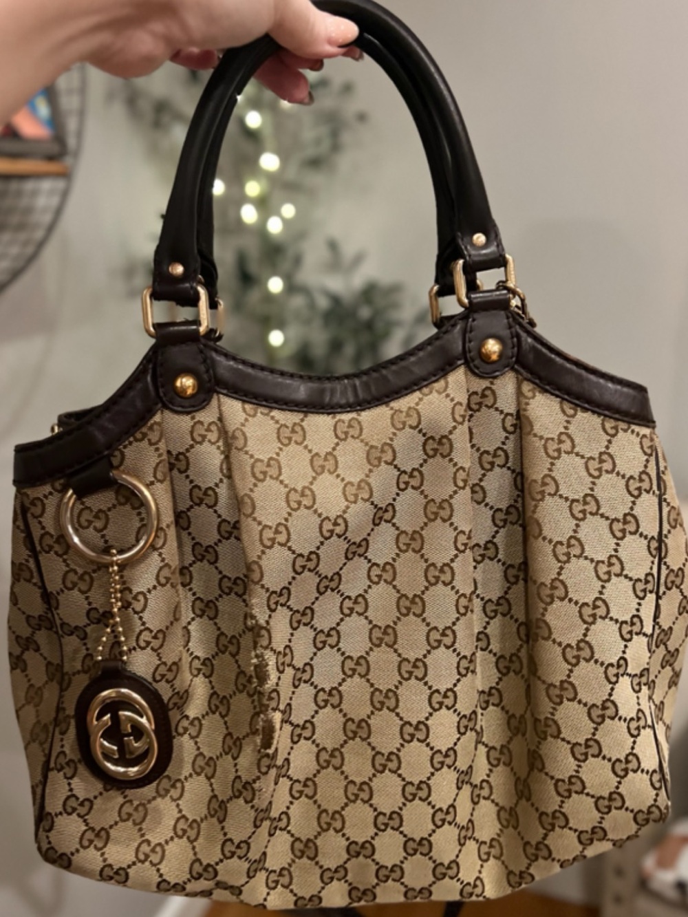 Gucci Sukey Medium GG Canvas Brown Leather Trim Tote Bag